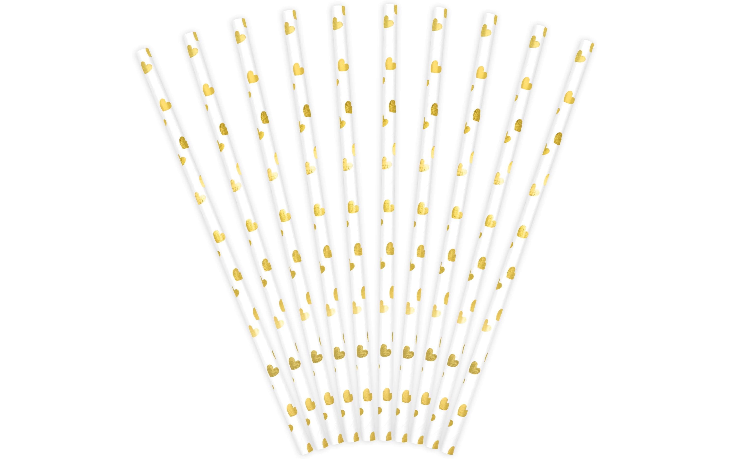 Partydeco Strohhalm Herzen 10 Stück, Gold/Weiss