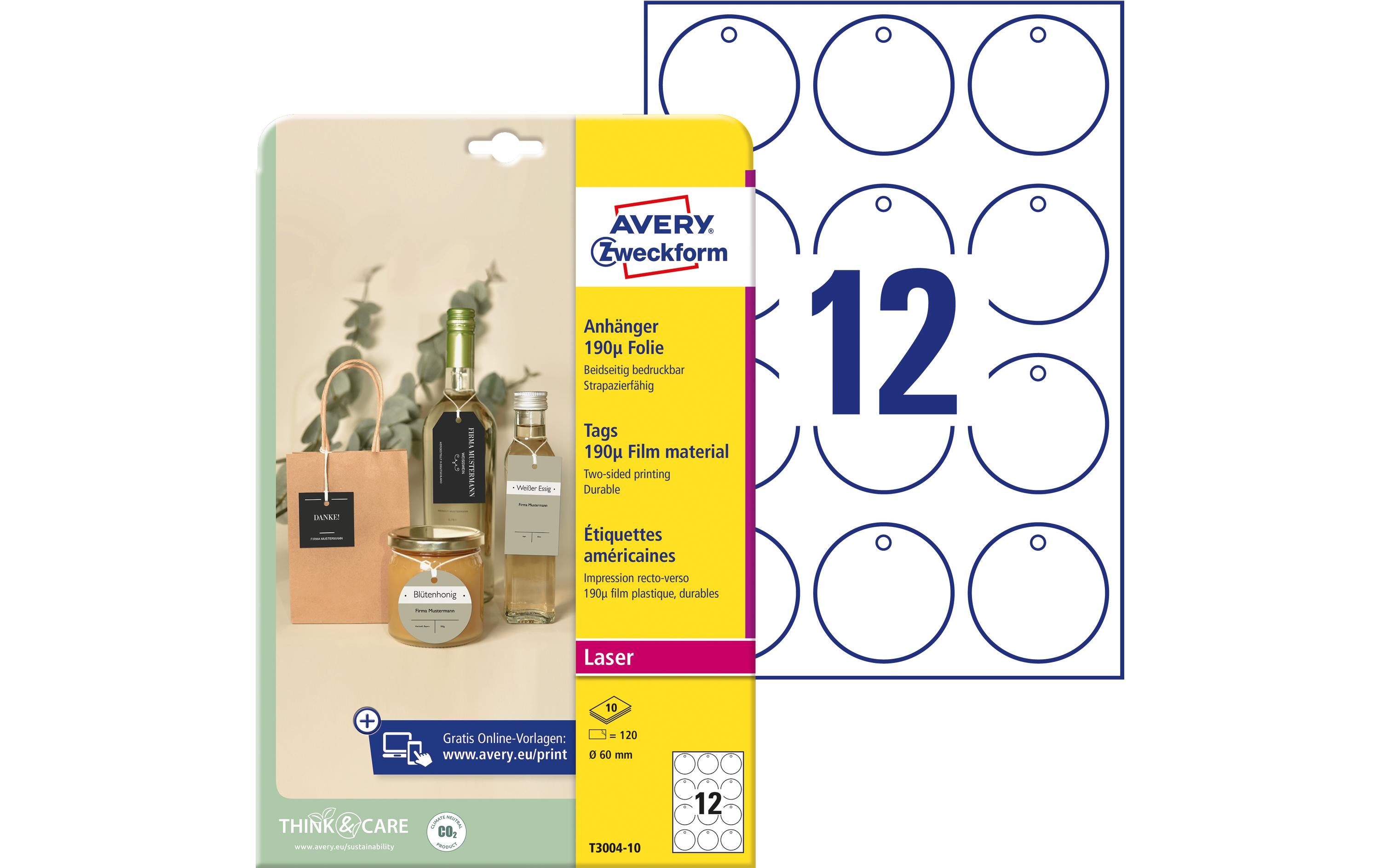 Avery Zweckform Hängeetiketten Tags 60 mm, 10 Blatt, 120 Stück