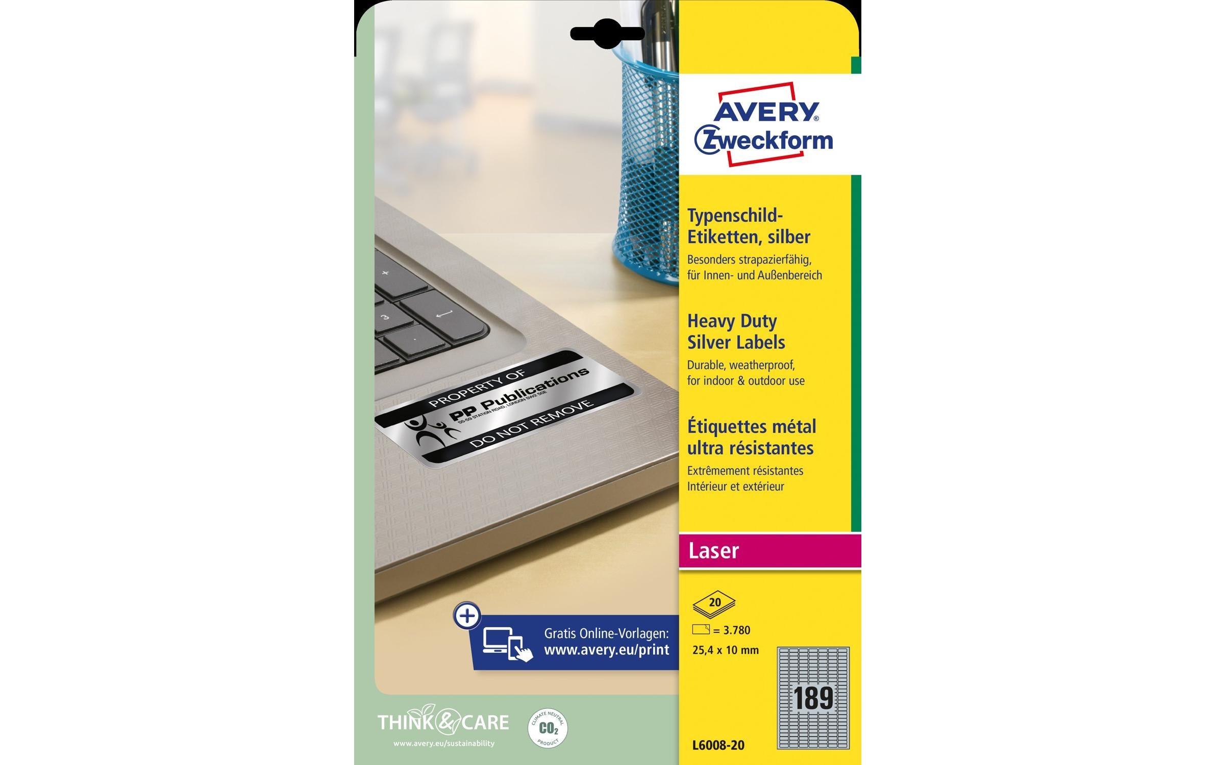 Avery Zweckform Typenschild-Etiketten L6008-20 25.4 x 10 mm