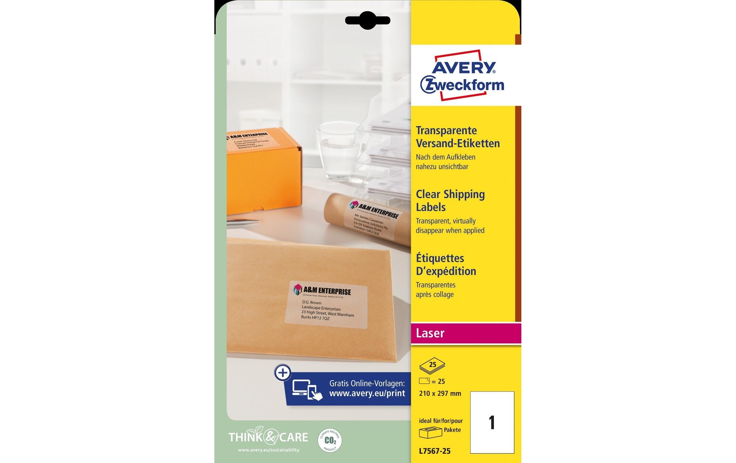 Avery Zweckform Versand-Etiketten 210 x 297 mm L7567 Transparent