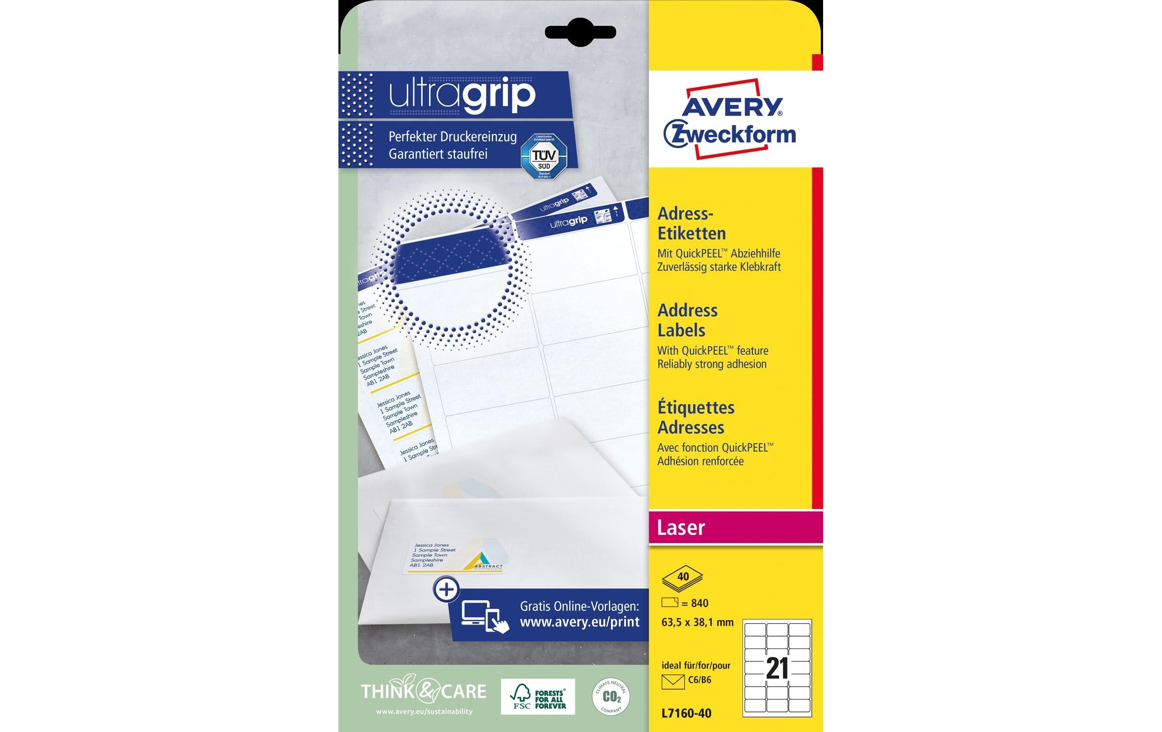 Avery Zweckform Adressetiketten Ultragrip 63.5 x 38.1 mm, 40 Blatt