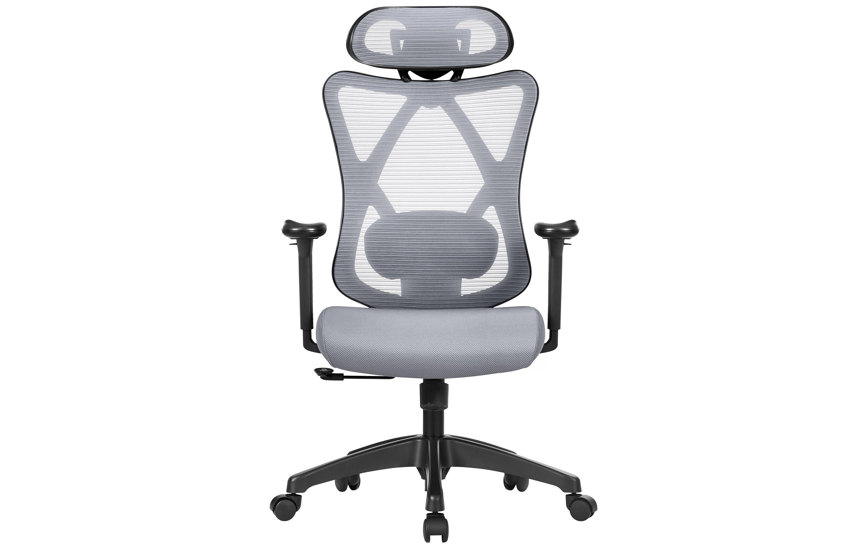 Songmics Bürostuhl mit Netzrücken, Kopfstütze und Armlehnen, Grau
