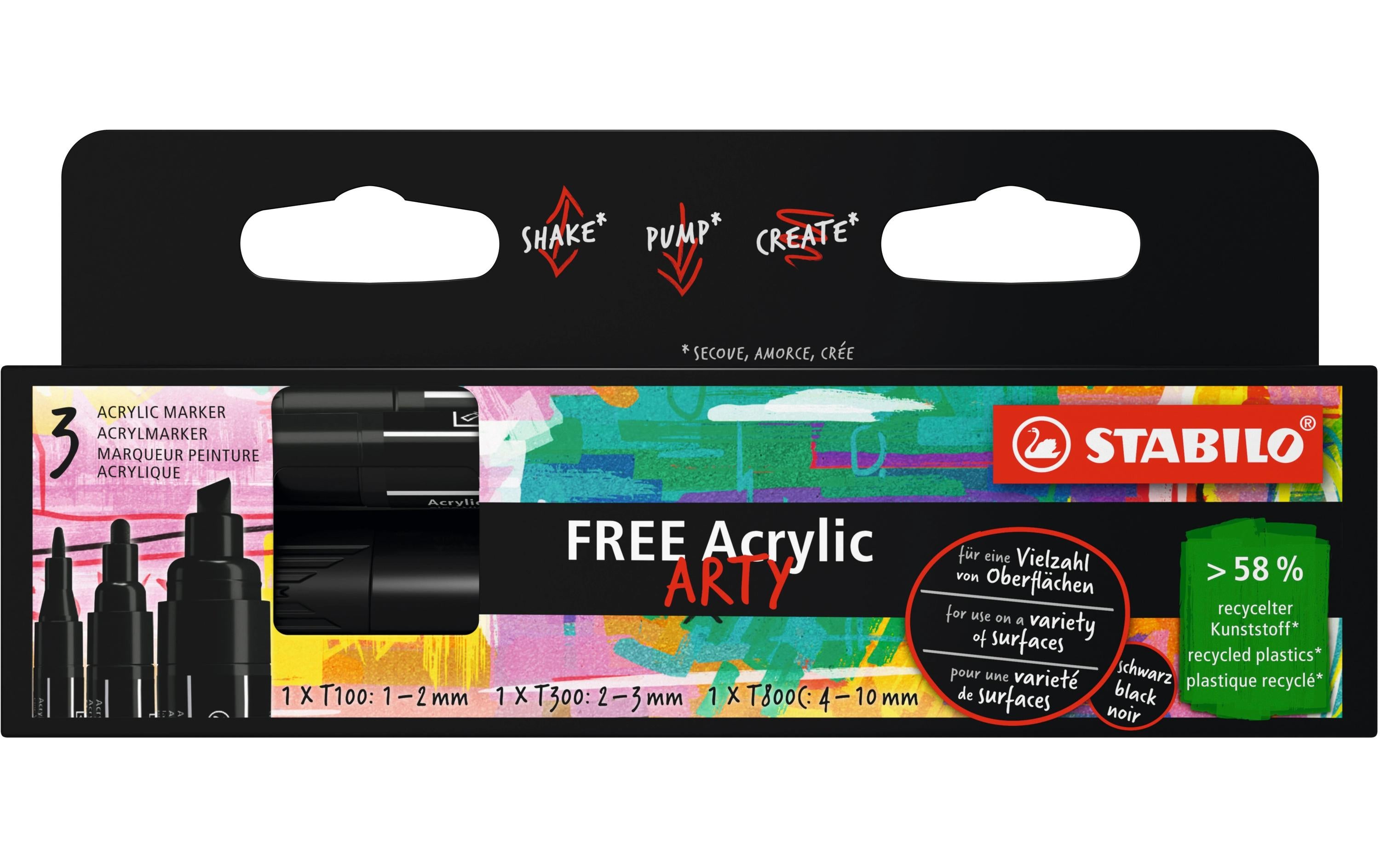 STABILO Acrylmarker Free Acrylic Mix Schwarz, 3-Etui