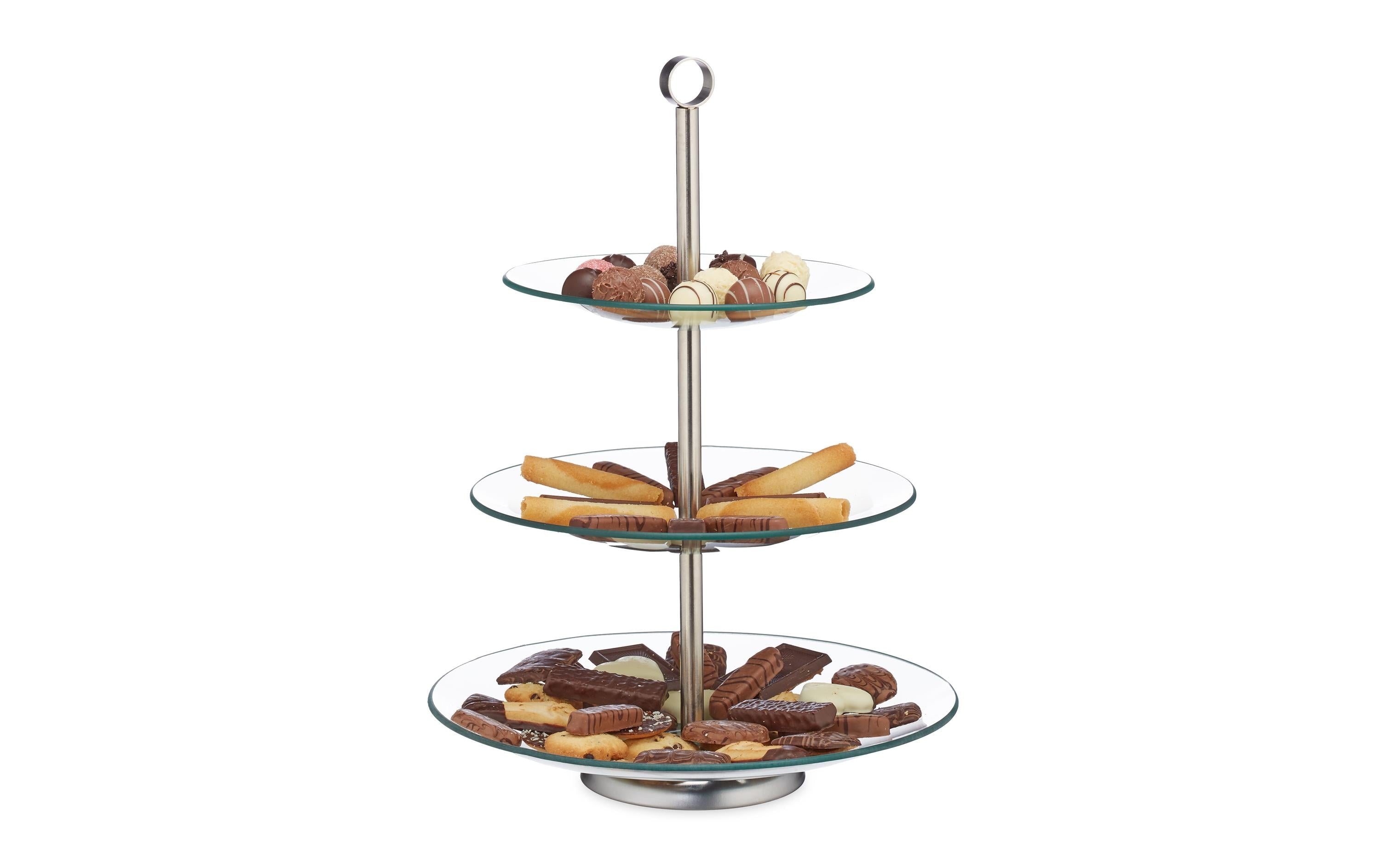 relaxdays Etagere rund, 3-stufig, Silber/Transparent