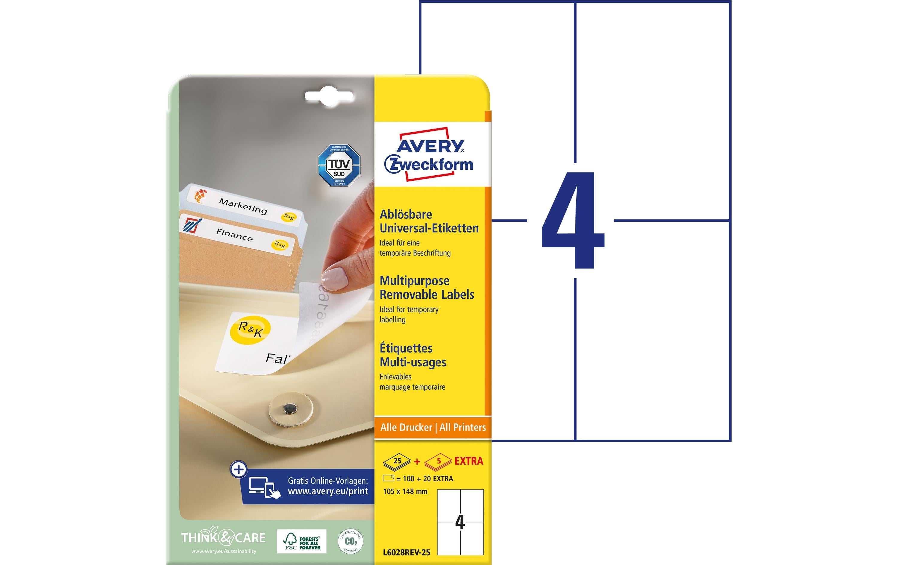 Avery Zweckform Universal-Etiketten L6028REV-25, 105 x 148 mm, 30 Blatt