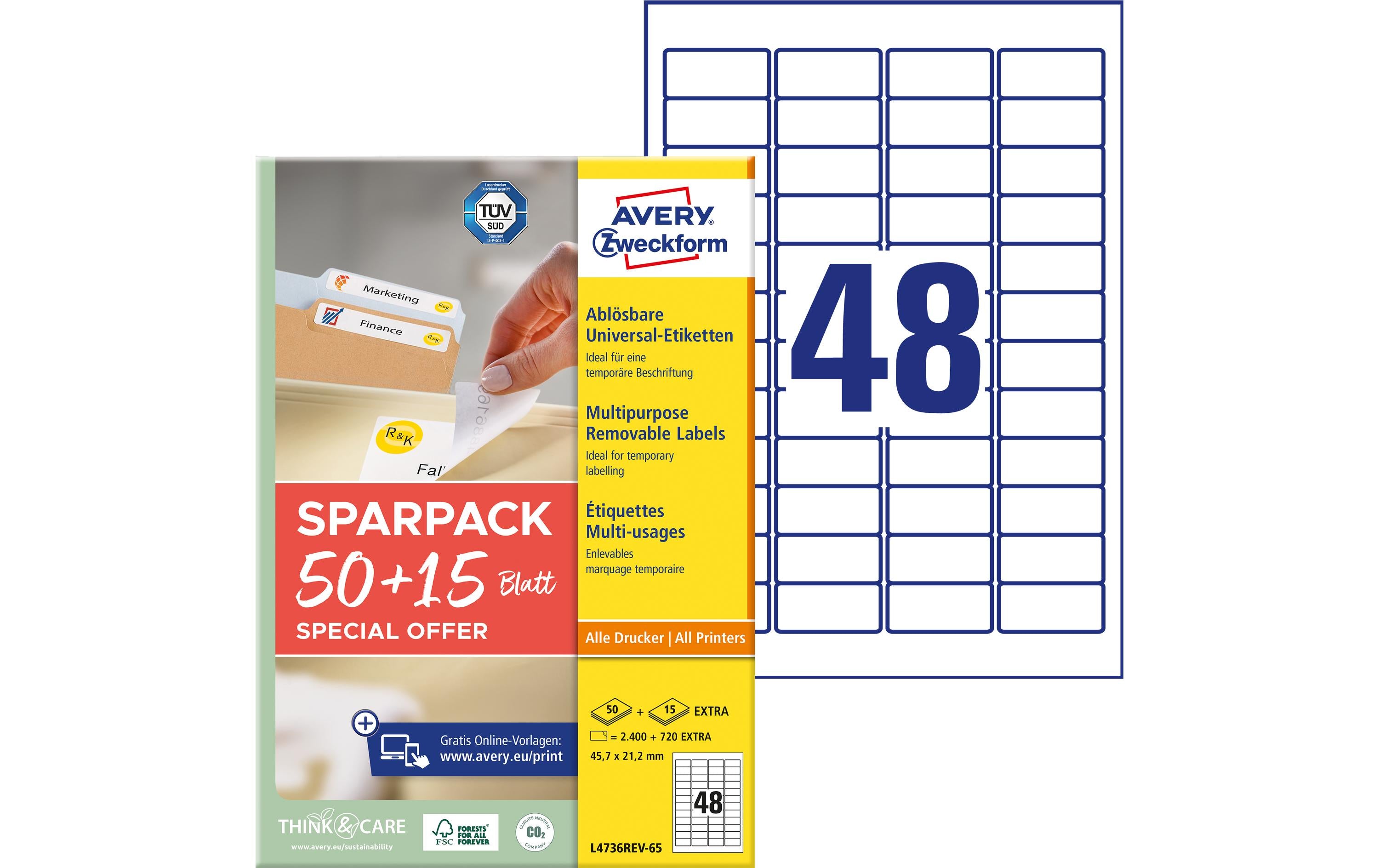 Avery Zweckform Universal-Etiketten L4736REV-65, 45.7 x 21.2 mm, 65 Blatt