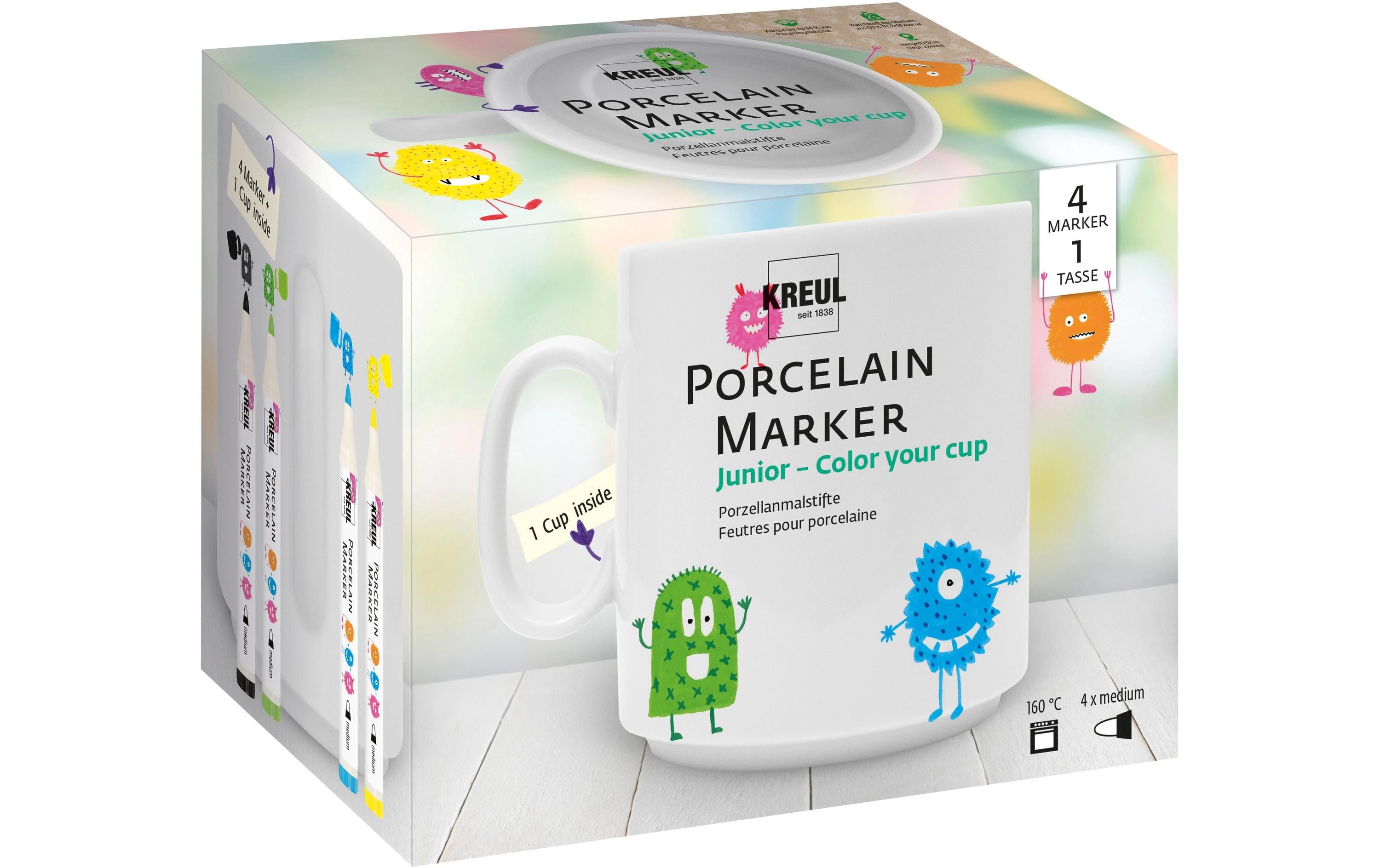 Kreul Porzellanfarbe Marker Junior Set 4 Marker, 1 Porzellantasse
