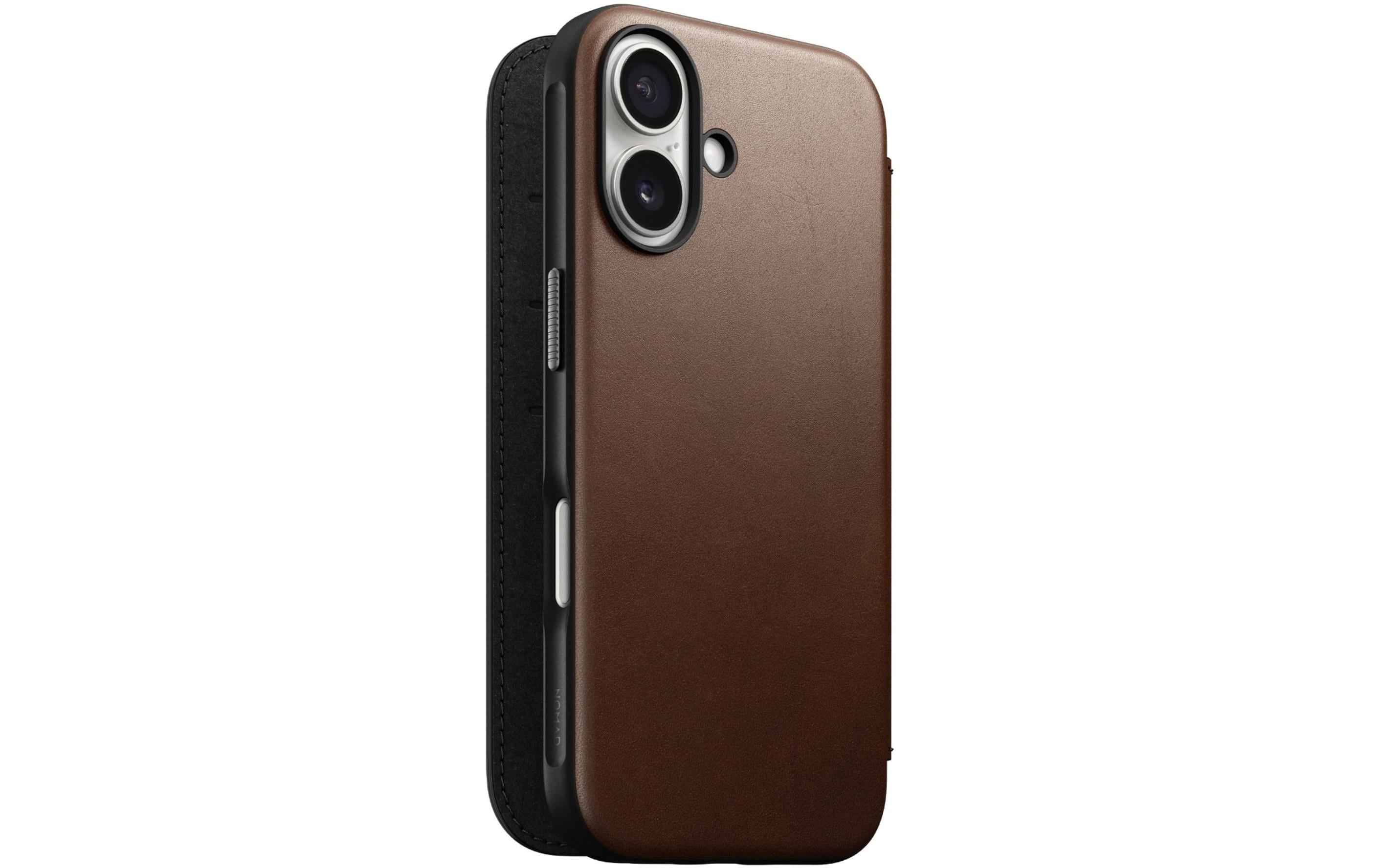 Nomad Book Cover Modern Leather iPhone 16 Braun