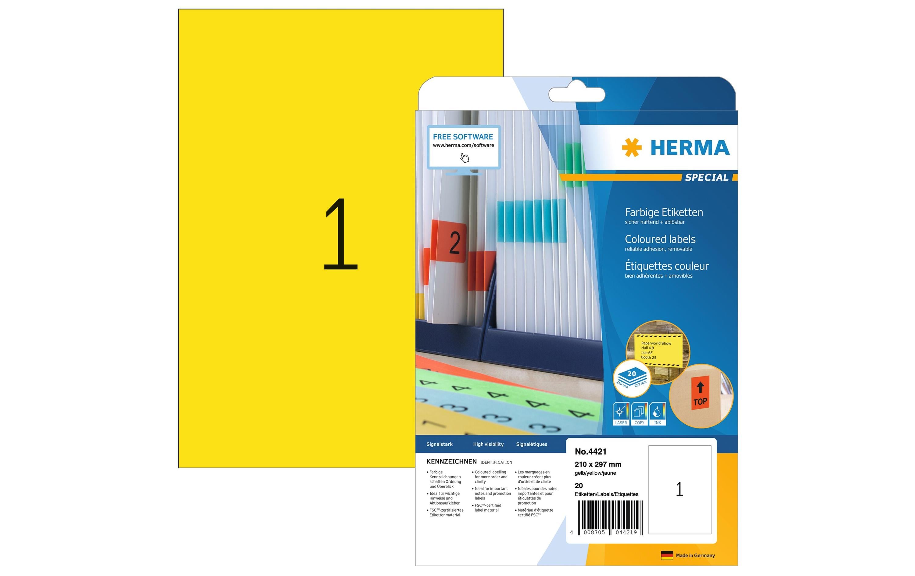 HERMA Universal-Etiketten A4 Ablösbar 210 x 297 mm Gelb, 20 Blatt