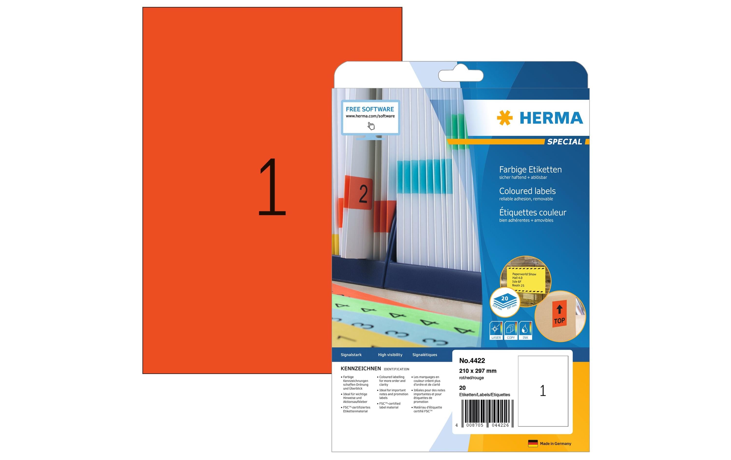 HERMA Universal-Etiketten A4 Ablösbar 210 x 297 mm Rot, 20 Blatt