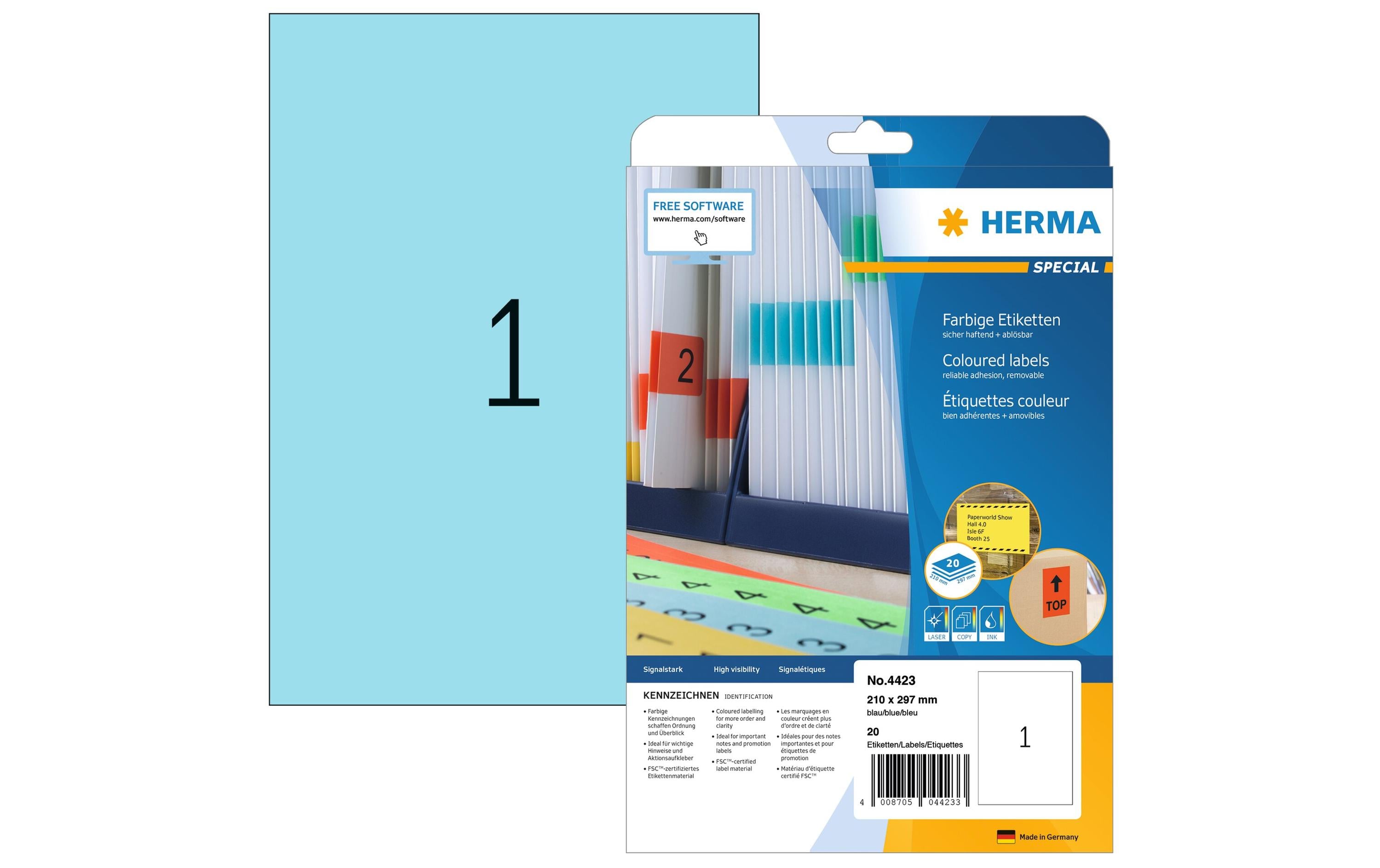 HERMA Universal-Etiketten A4 Ablösbar 210 x 297 mm Blau, 20 Blatt