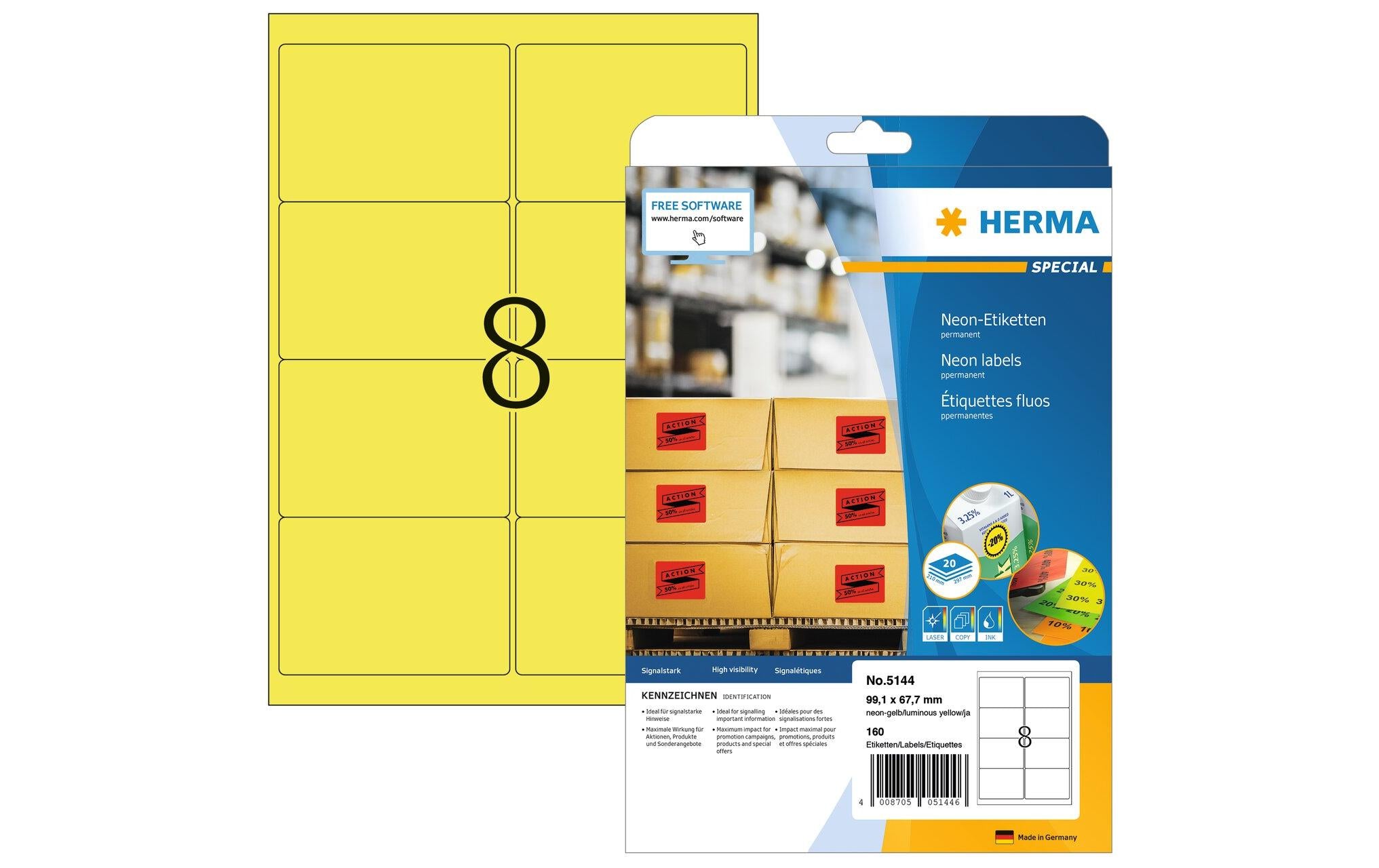 HERMA Universal-Etiketten 9.91 x 6.77 cm, 160 Etiketten, Neon-Gelb