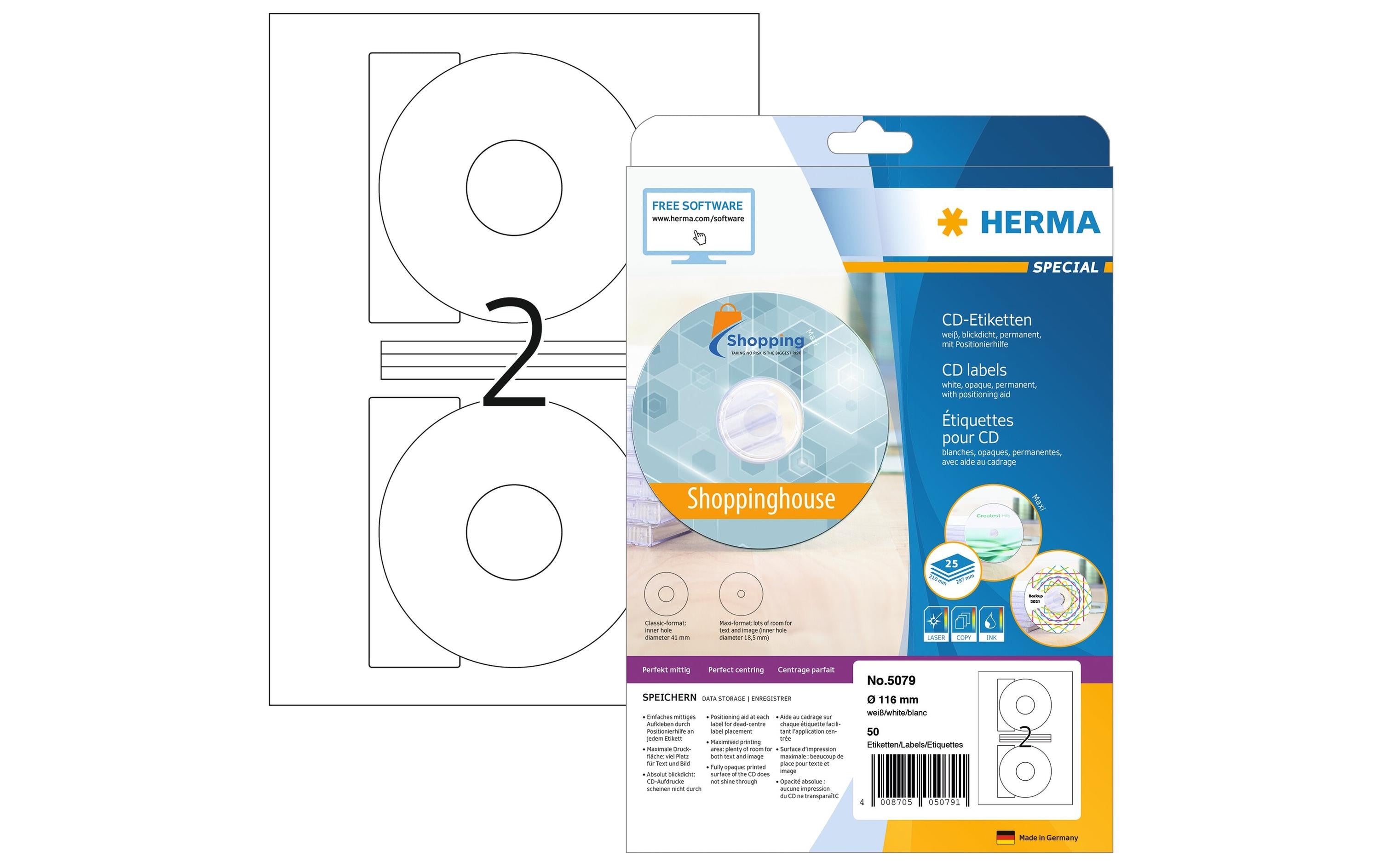 HERMA CD-Etiketten 5079 Ø 116 mm Weiss, 25 Blatt