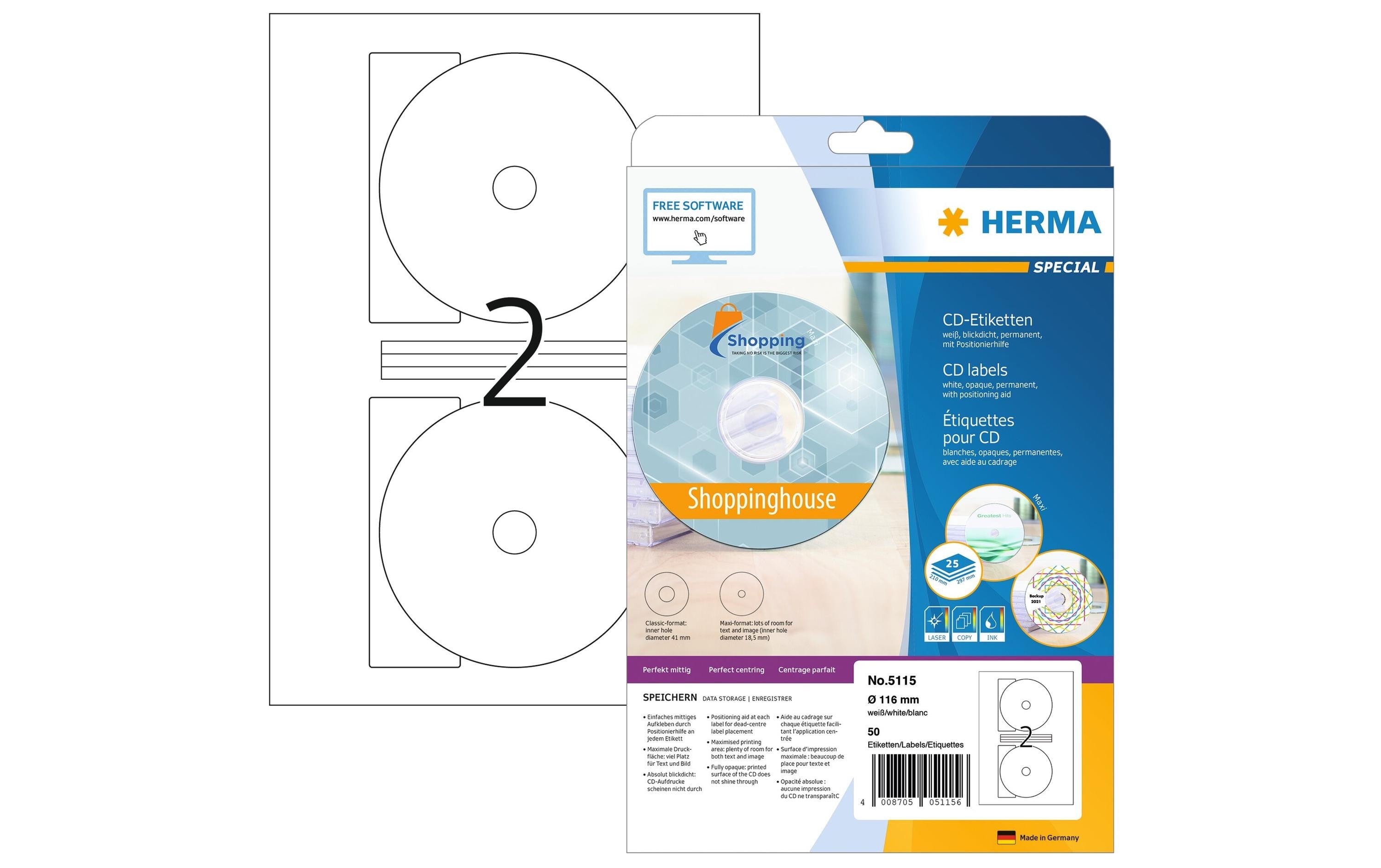 HERMA CD-Etiketten 5115 Ø 116 mm Weiss, 25 Blatt
