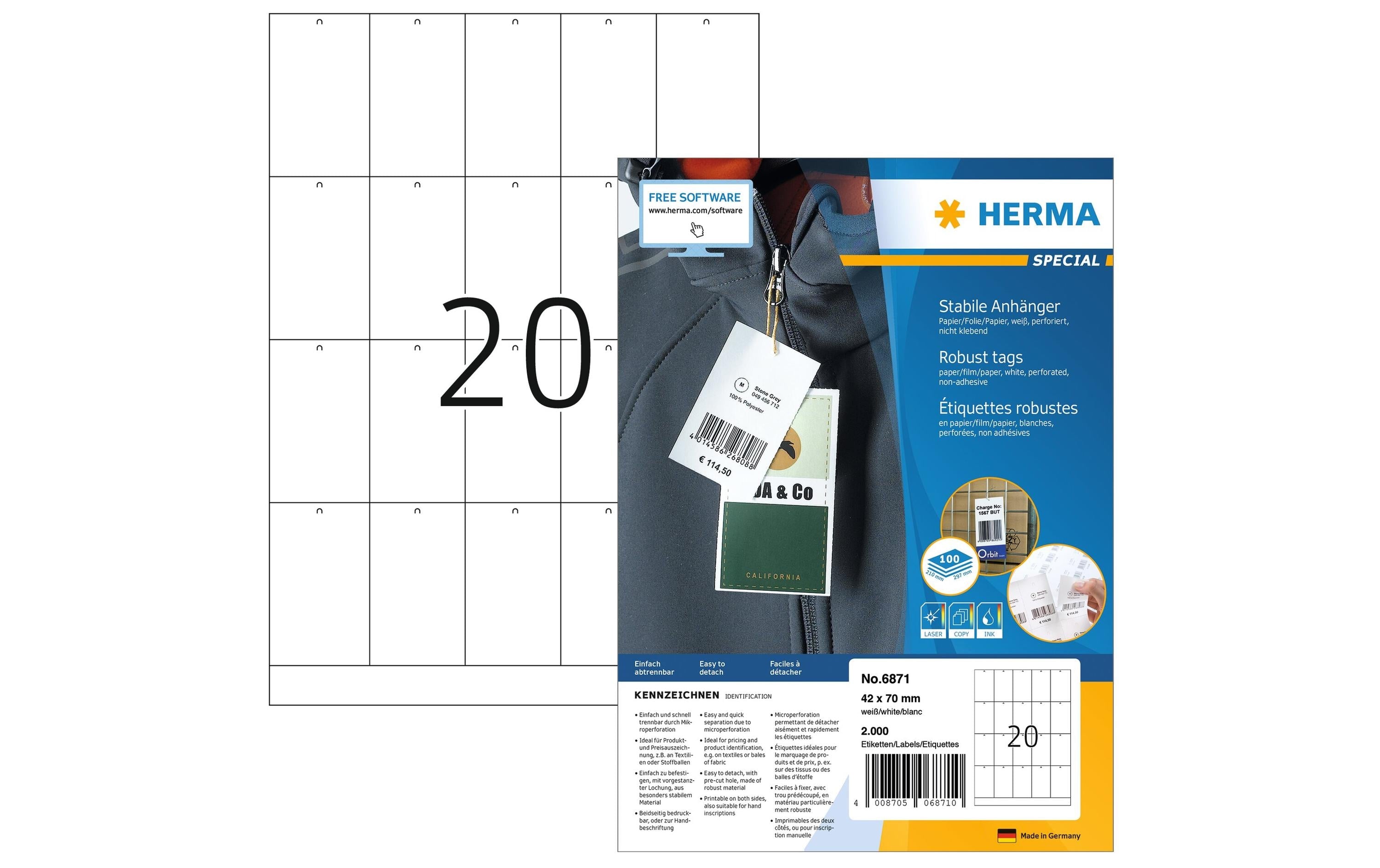 HERMA Textil-Etiketten 6871 42 x 70 mm, 2000 Anhänger
