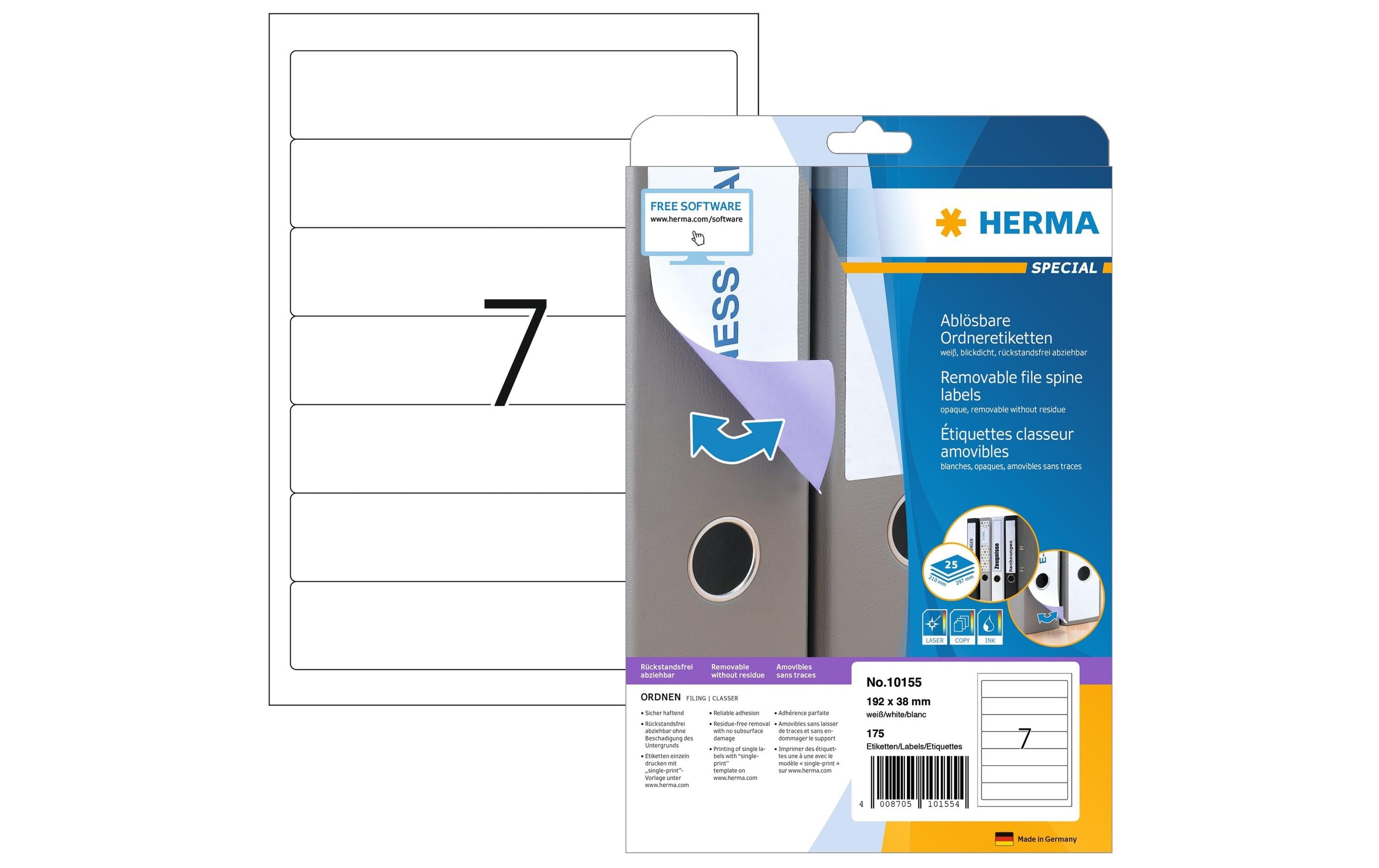 HERMA Ordneretiketten 10155 192 x 38 mm ablösbar, Weiss