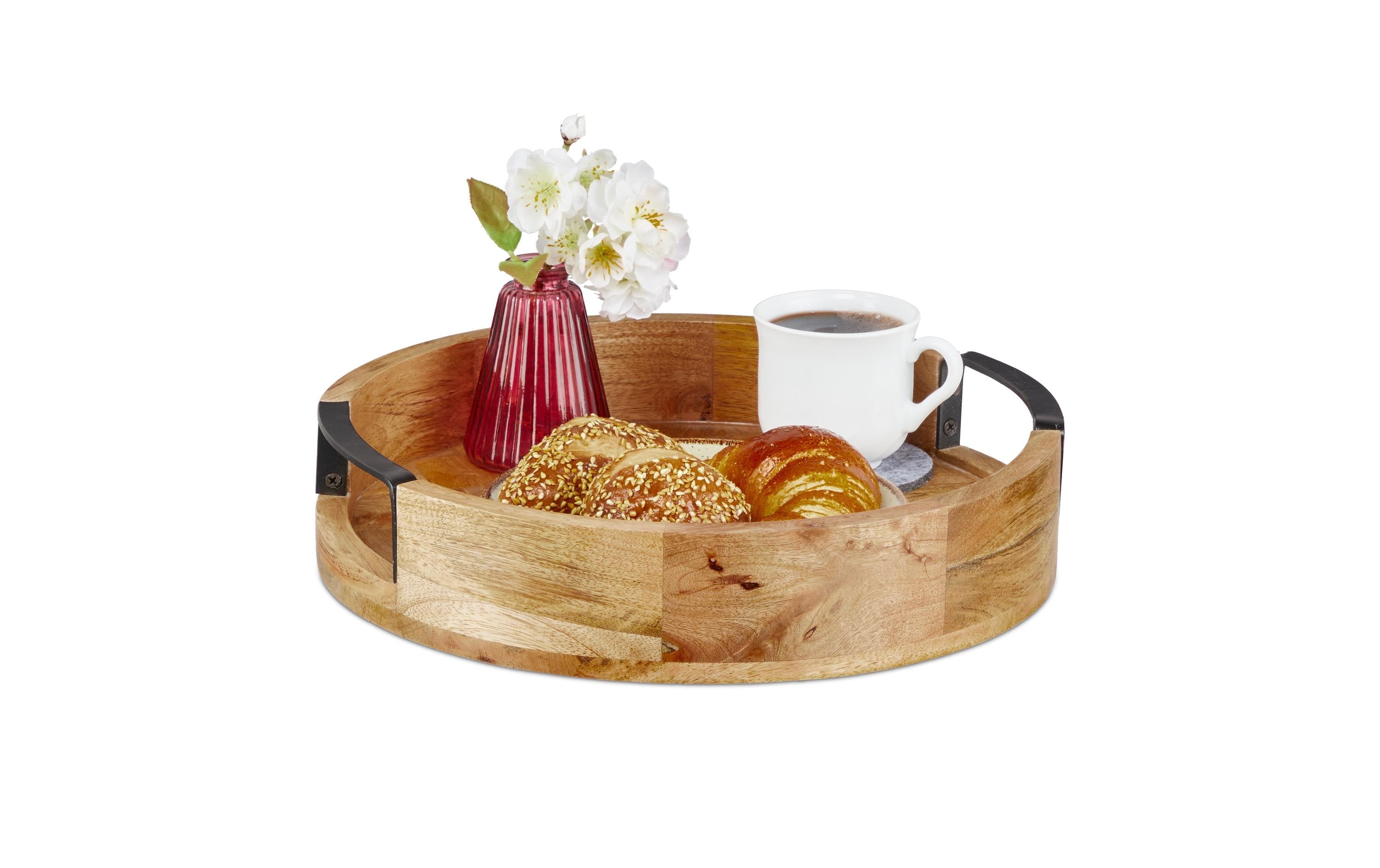 relaxdays Serviertablett Mangoholz Natur, Schwarz, 35 cm
