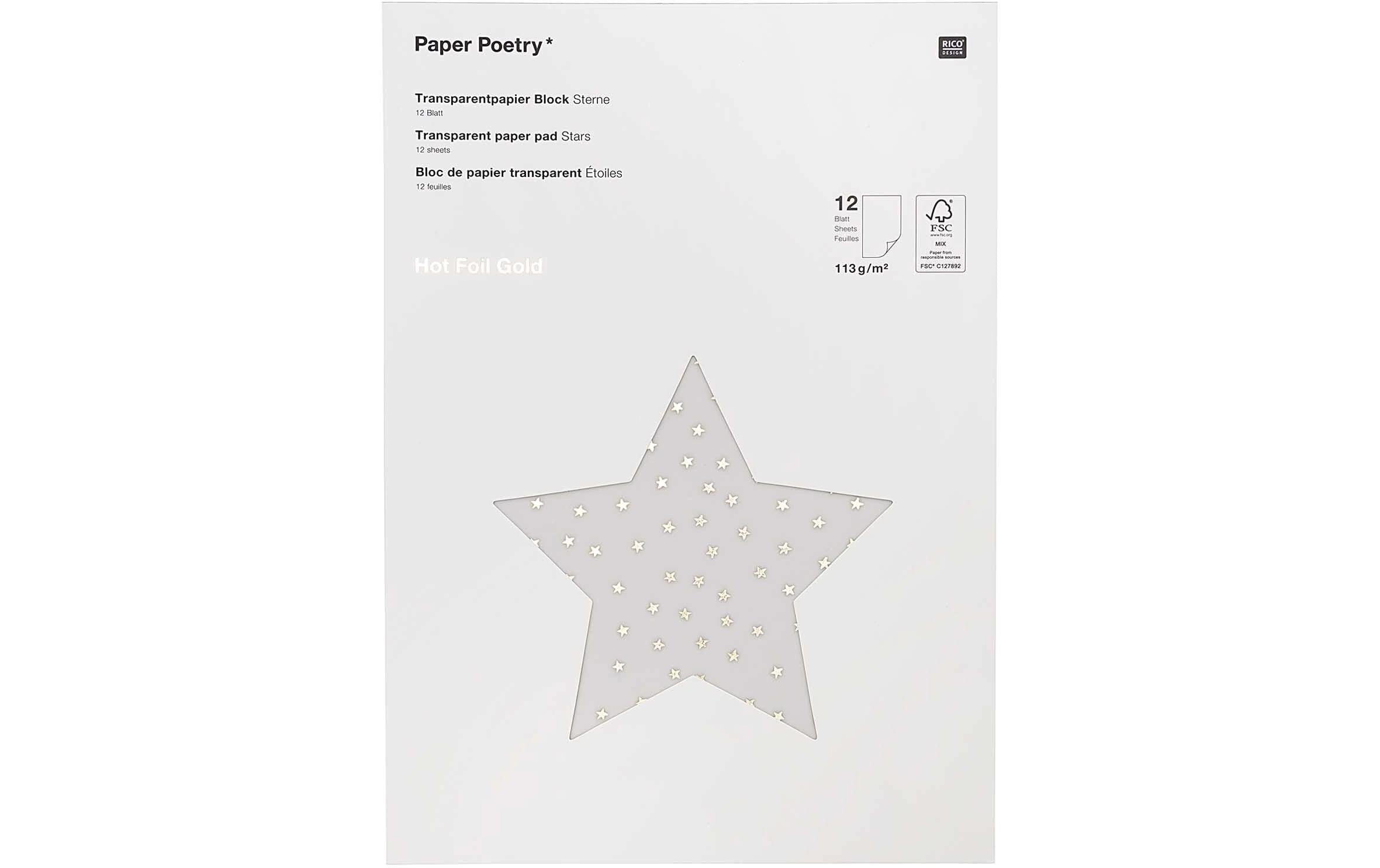 Rico Design Transparentpapier Sterne A4, 113 g/m²,  1 Stück, Gold