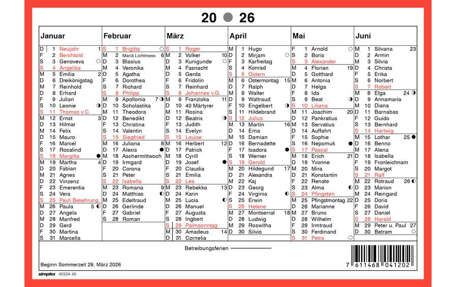 Simplex Kalender mit Namenstagen A5 Querformat, 2026