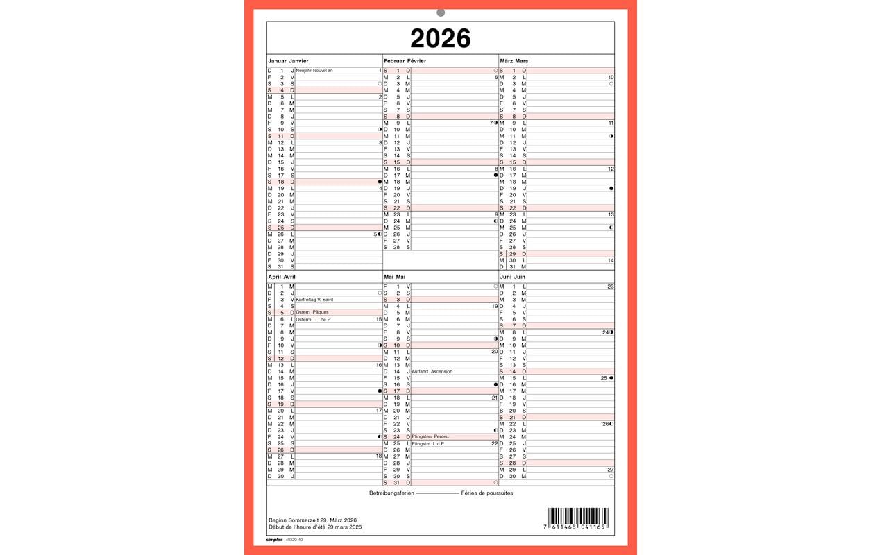 Simplex Kalender ohne Namenstage A4 Hochformat, 2026