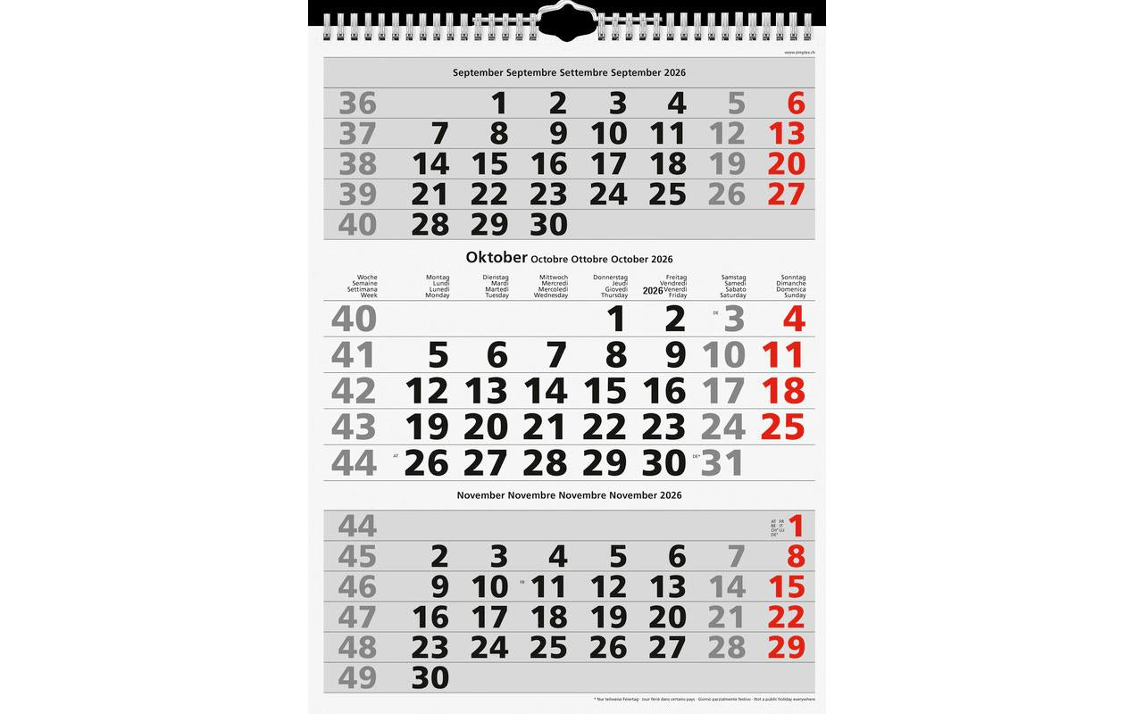 Simplex 3-Monatskalender mit Spiralbindung 2026, 31 x 40 cm, Rot