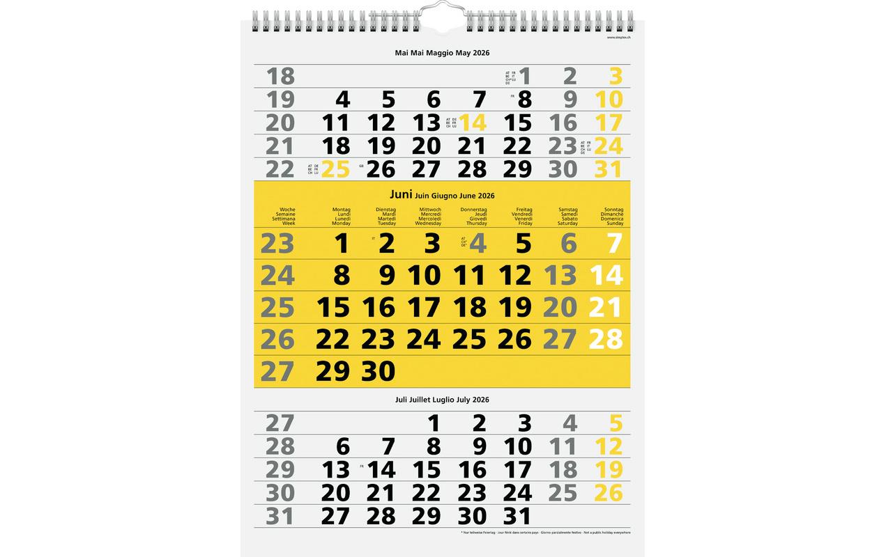 Simplex 3-Monatskalender mit Spiralbindung 2026, 31 x 40 cm, Gelb