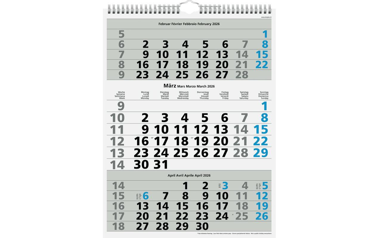 Simplex 3-Monatskalender mit Spiralbindung 2026, 31 x 40 cm, Blau