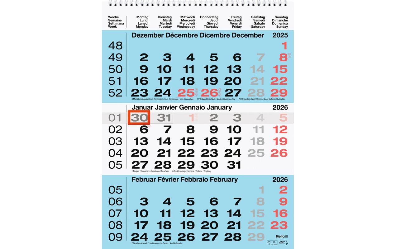 Biella 3-Monatskalender 2026 31 x 40 cm, Blau
