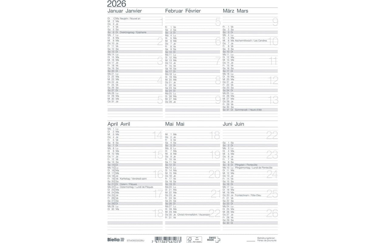 Biella Tafelkalender Tafelkalender I D/F, A4, 6 Monate pro Seite