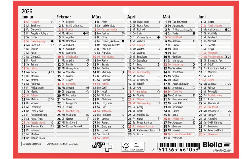 Biella Tafelkalender 16.5 x 11.5 cm, 6 Monate pro Seite