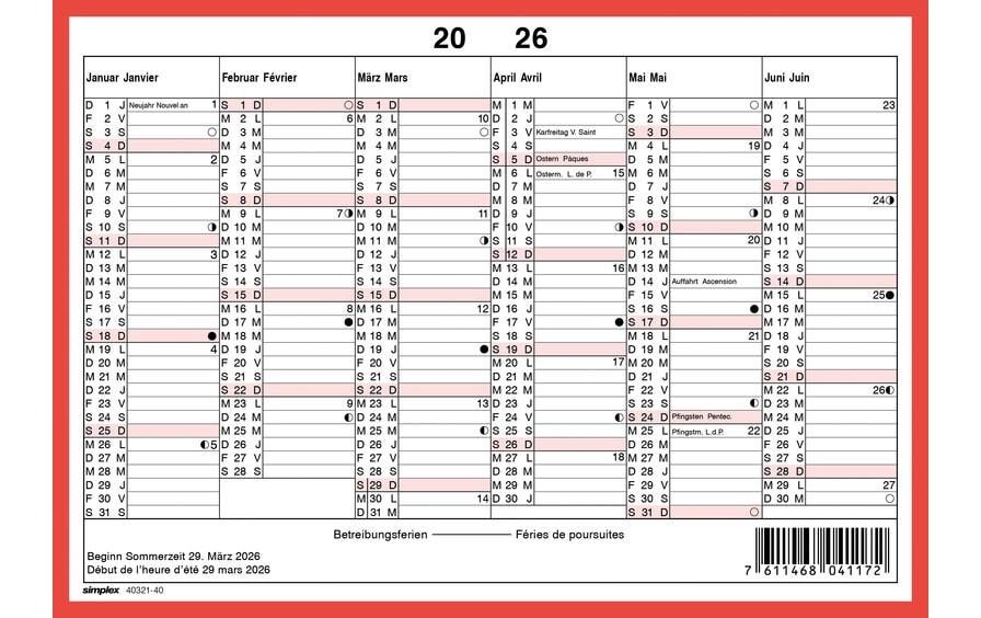Simplex Kalender ohne Namenstage A5 Querformat, 2026