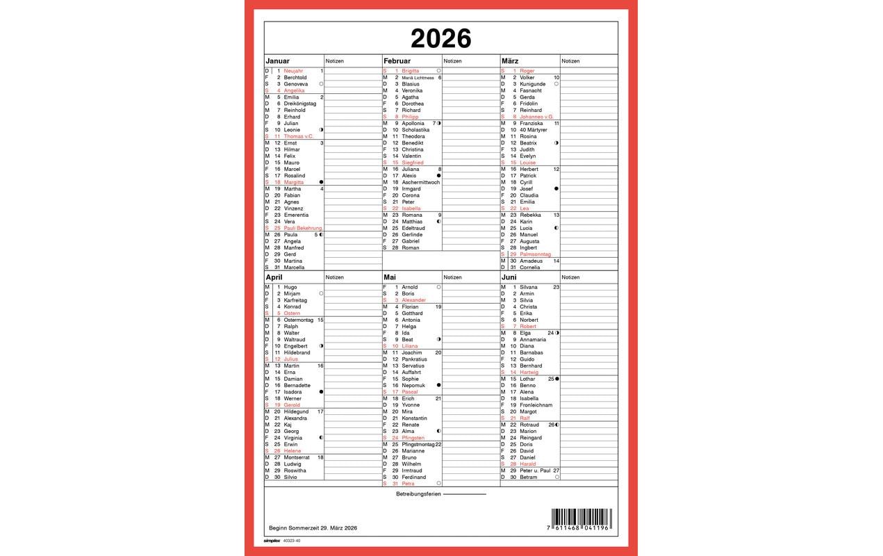 Simplex Kalender mit Namenstagen A4 Hochformat, 2026