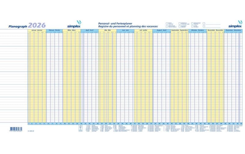 Simplex Jahresplaner Planograph 2026, 64 x 29.6 cm, 10 Stück