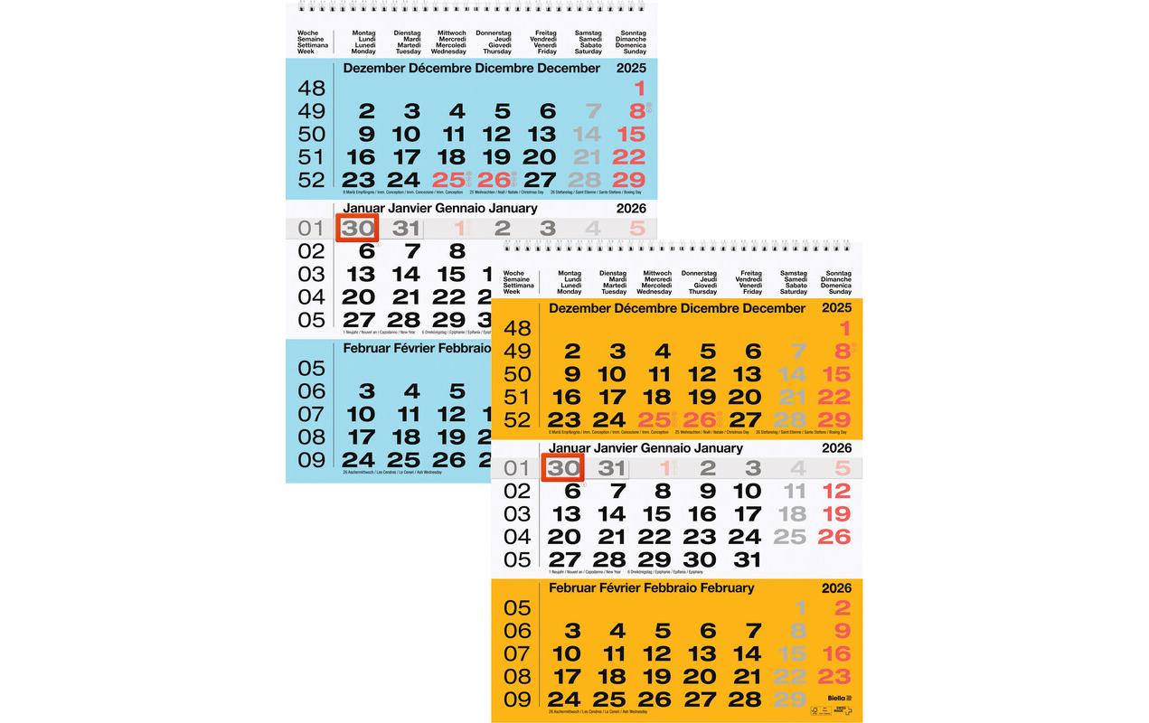 Biella 3-Monatskalender 2026 31 x 40 cm, Gelb