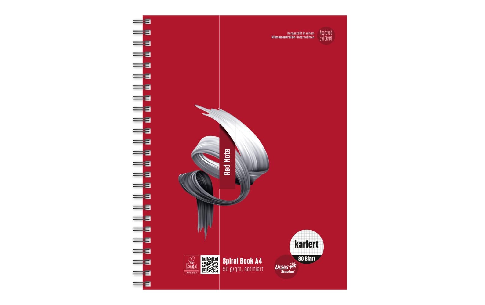 Ursusgreen Notizbuch Red Note Spiral A4, 80 Blatt, kariert