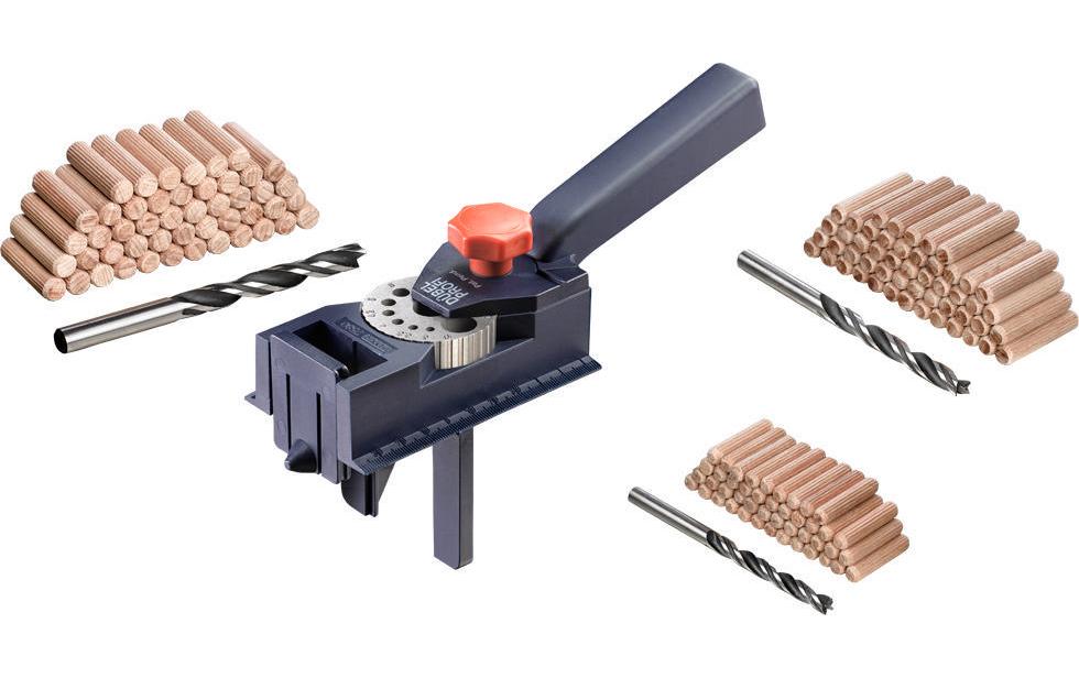 kwb Dübelbohrlehre mit Holzdübeln und Spiralbohrer
