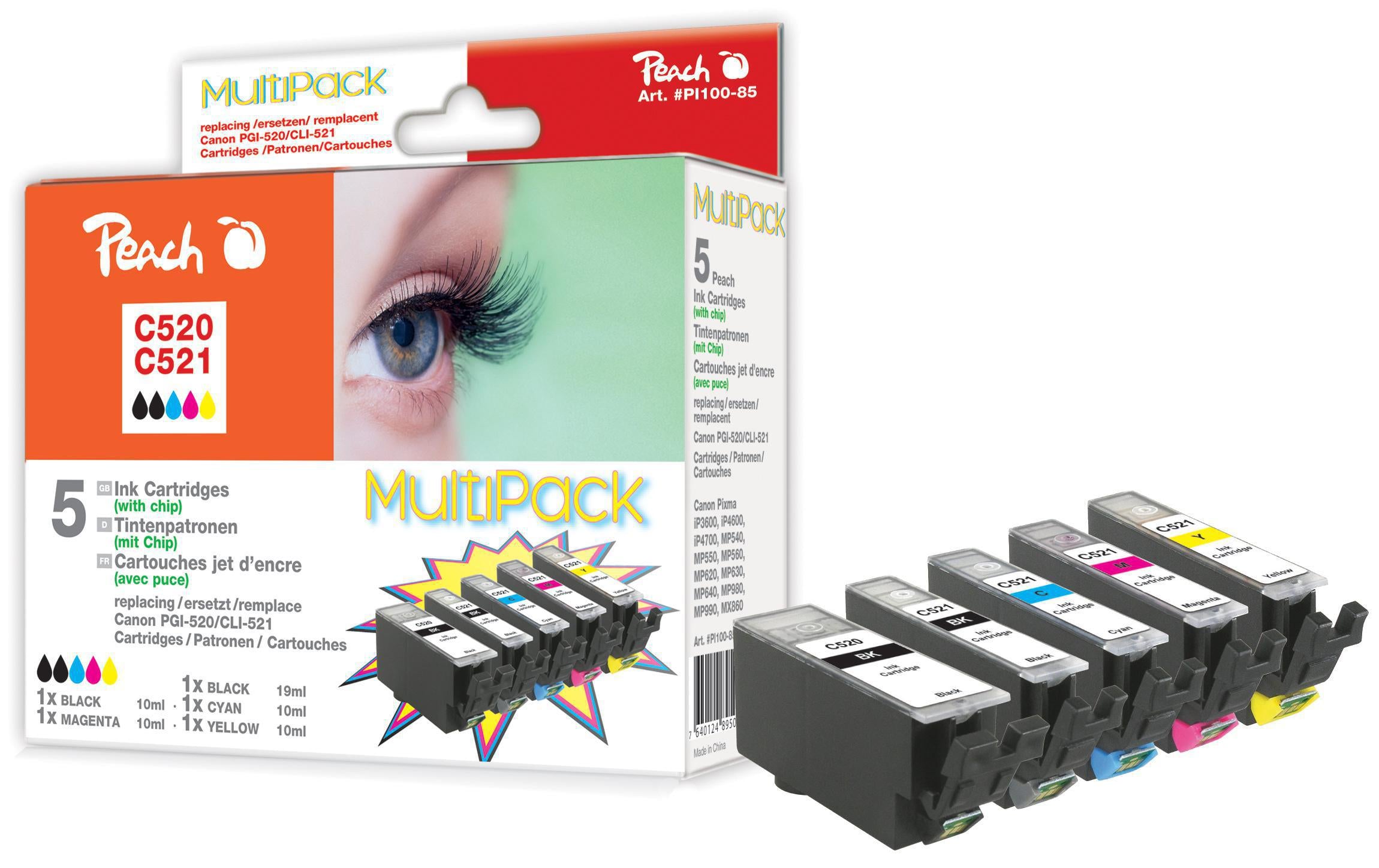 Peach Tintenset Canon PGI-520XL / CLI-521XL C, M, Y, 2x BK