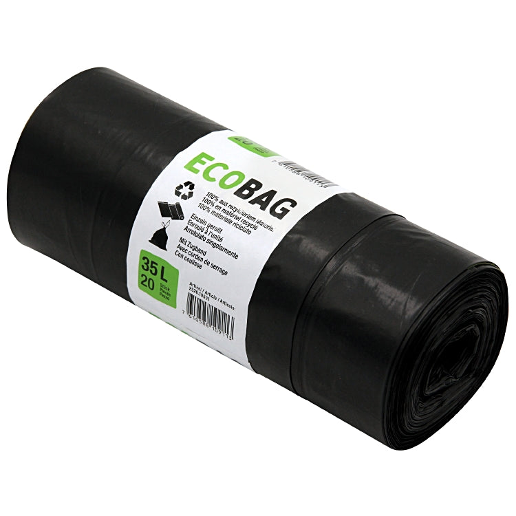 Kehrichtsack 35L schwarz Rolle à 20 Stk, R-LDPE, 35my 600x600+50mm, Zugbandversc
