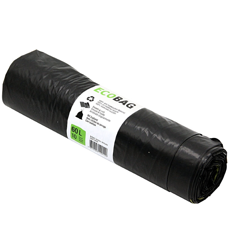 Kehrichtsack 60L schwarz Rolle à 10 Stk, R-LDPE 40my 600x860+50mm, Zugbandversch