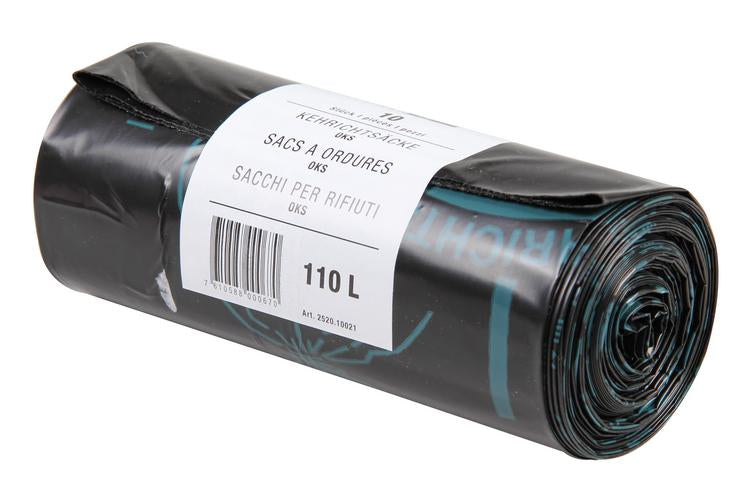 Kehrichtsack 110L/schwarz Rollen à 10 Stk,PP-Band 350x350x1100mm, HD-LLD-PE 36µ