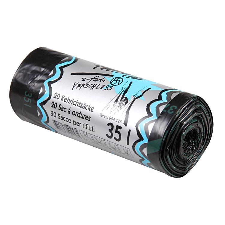 Kehrichtsack 35L/schwarz Rollen à 20 Stk,TwinTie 370+80/180x800mm, LDPE 35µ