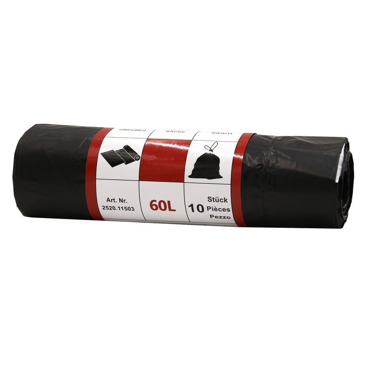 Kehrichtsack 60L/schwarz Rolle à 10 Stück, Zugband LxH 555x860mm, HDPE 26my